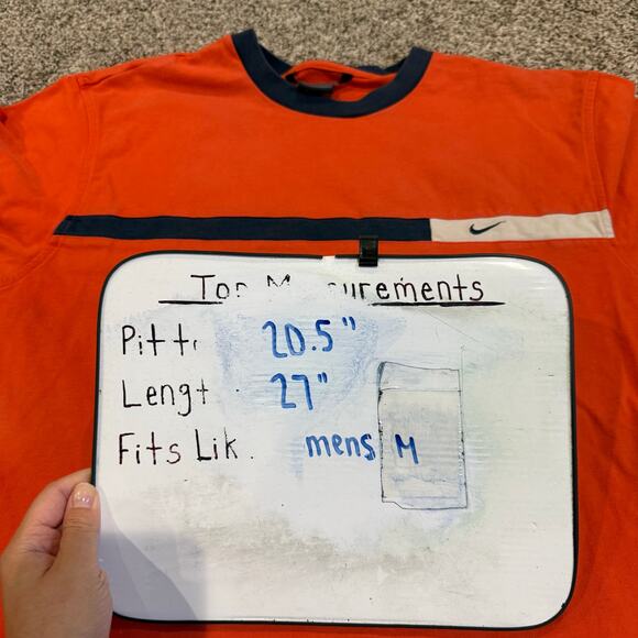 Vintage y2k Men's Orange Navy Blue Embroidered Nike Mini Swoosh T Shirt Sz M - Picture 6 of 6